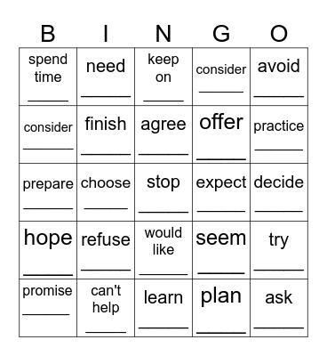 Gerunds and Infinitives Bingo Card