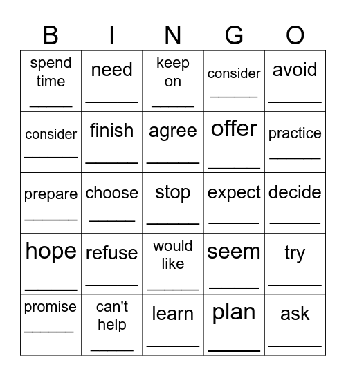 Gerunds and Infinitives Bingo Card