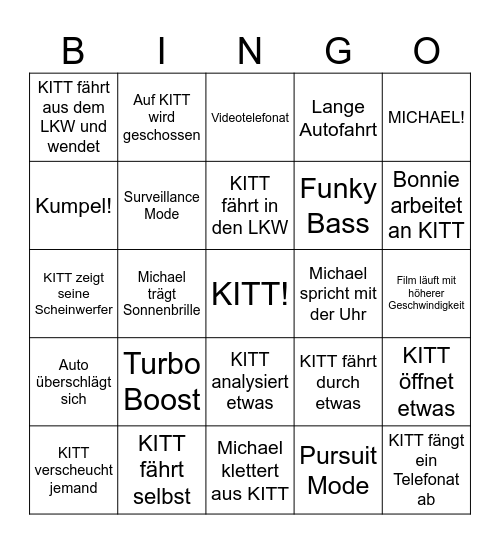 Knight Rider Bingo Card