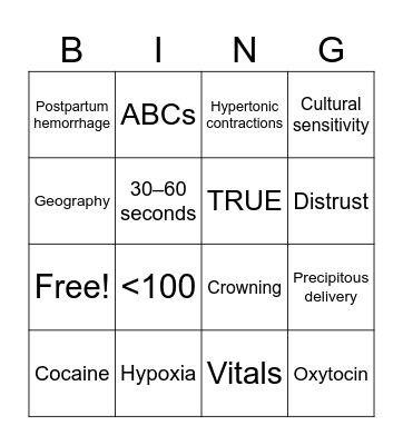Precipitous Delivery Bingo Card