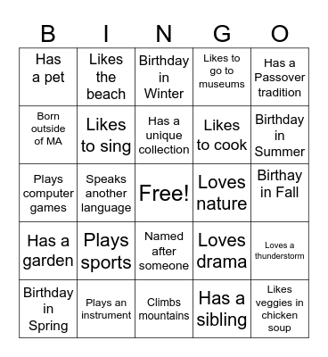 Grade 3 Kallah Getting to Know You Bingo Card