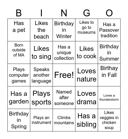 Grade 3 Kallah Getting to Know You Bingo Card