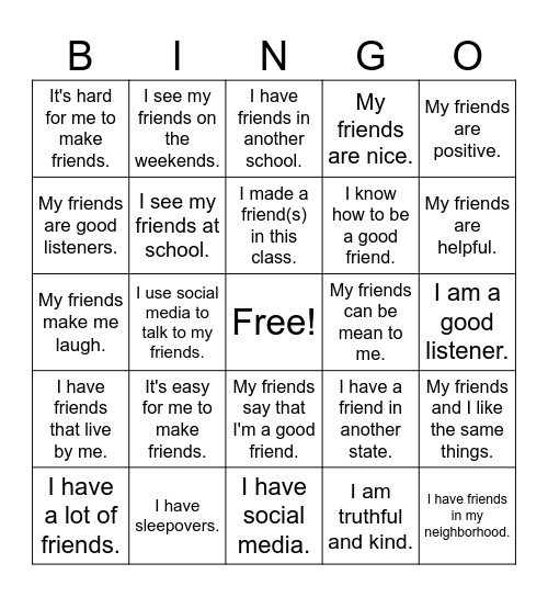 FRIENDSHIP Bingo Card