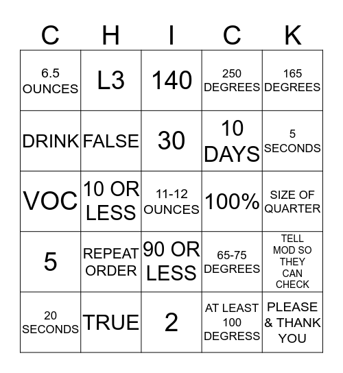 McKenzie Foods, Inc Bingo Card