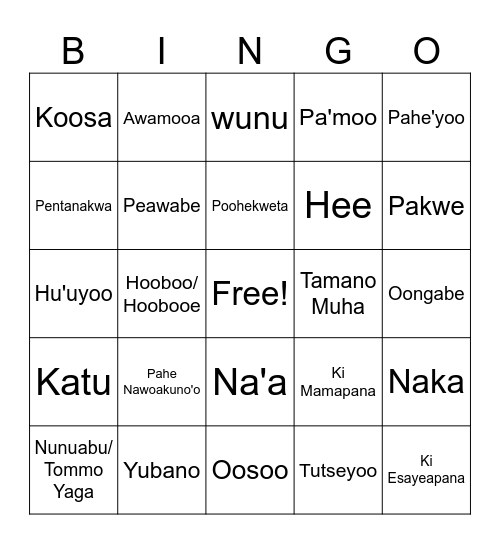 Numu Bingo Card