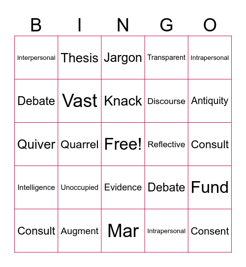 9th Grade Vocabulary Words Bingo Card