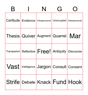9th Grade Vocabulary Bingo Card