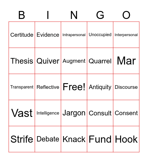 9th Grade Vocabulary Bingo Card
