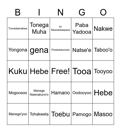 Numu Bingo Card