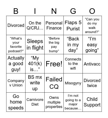 Regional ERJ Captain Bingo Card