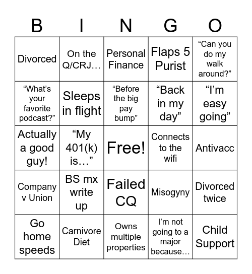Regional ERJ Captain Bingo Card