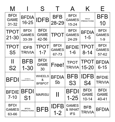 BFDI MISTAKES Bingo Card