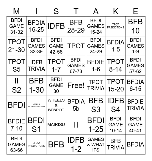 BFDI MISTAKES Bingo Card