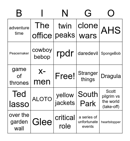 jasmine’s favorite shows Bingo Card