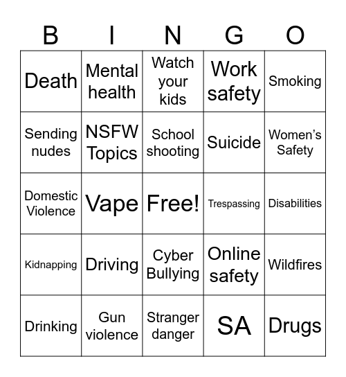 PSA Bingo Card