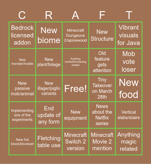 Minecraft Live 2026 Bingo Card