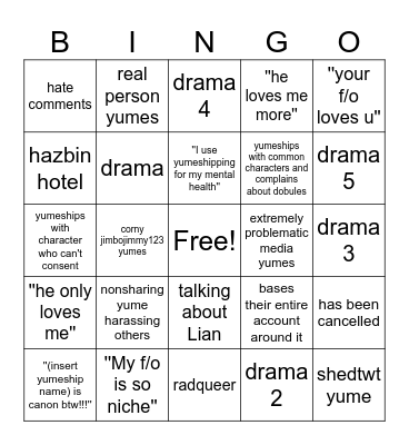 yumeshipper bingo Card