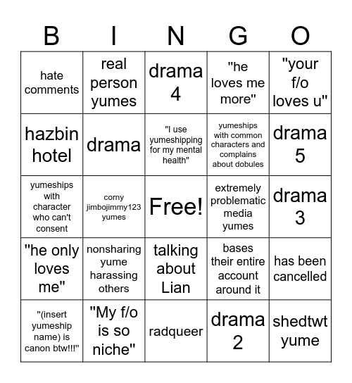 yumeshipper bingo Card
