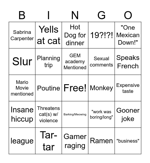 Dalton Bingo Card