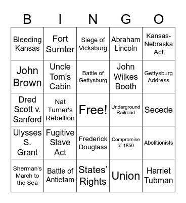 Civil War Bingo Card