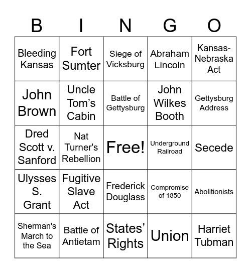 Civil War Bingo Card