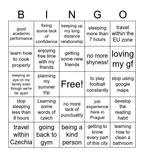 Desired Life for this semester Bingo Card