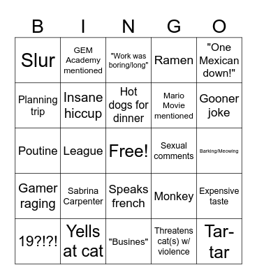 Dalton Bingo Card