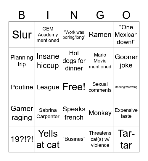 Dalton Bingo Card