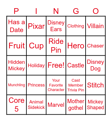 Disney Pin Trading Bingo Card