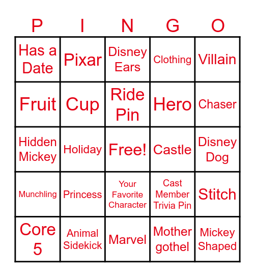 Disney Pin Trading Bingo Card