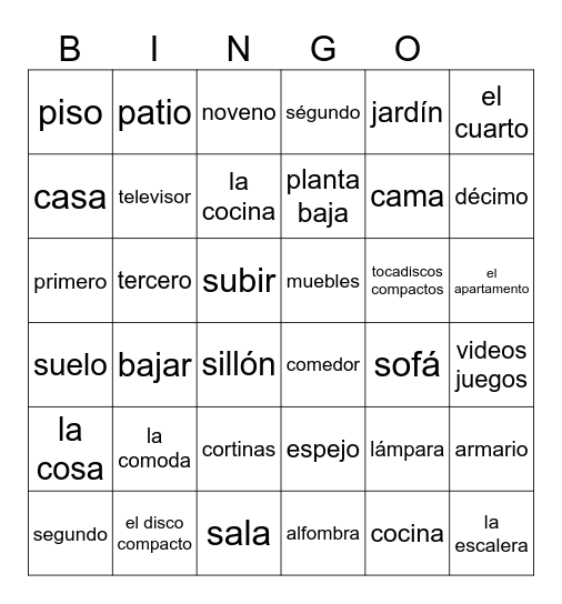 U5L1 Avancemos Vocabulario Bingo Card