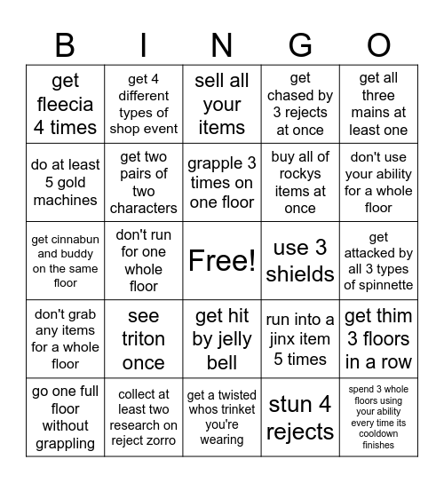 spinnette Bingo Card
