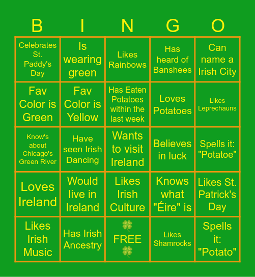 St. Patrick's Day Bingo Card