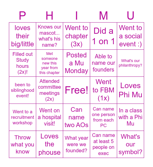 Phi Mu Bingo Card