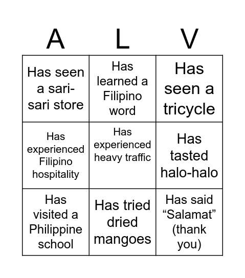 ALV Philippines BINGO Card