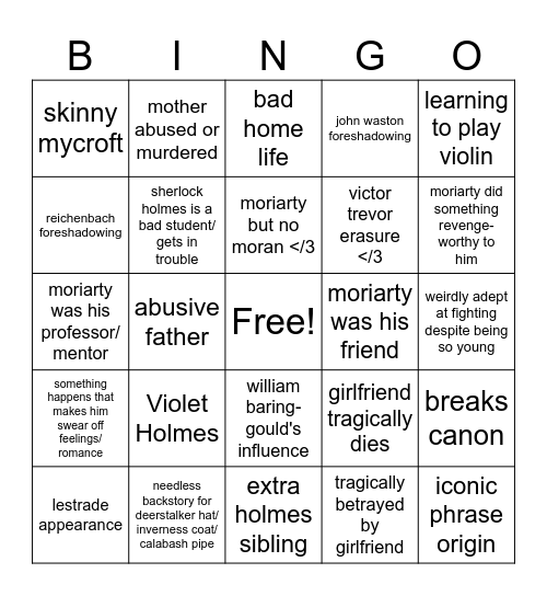 Sherlock Holmes Prequel Bingo Card