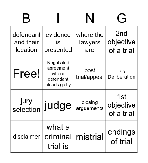 Criminal Trial Bingo Card