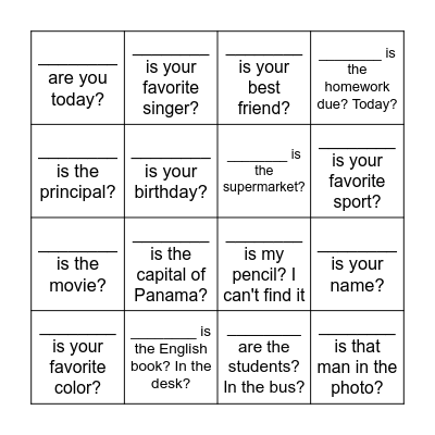 Information questions Bingo Card
