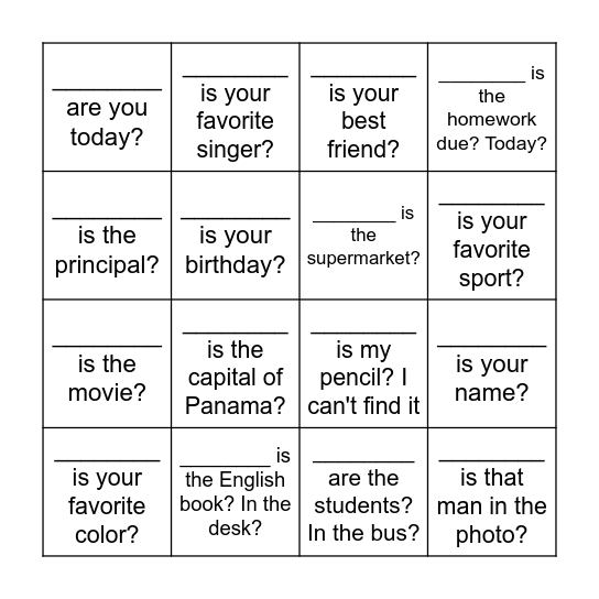 Information questions Bingo Card