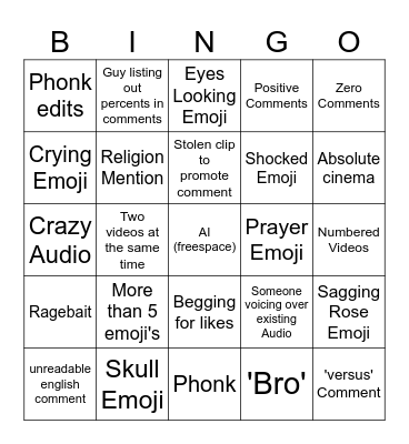 Youtube Shorts Bingo Card