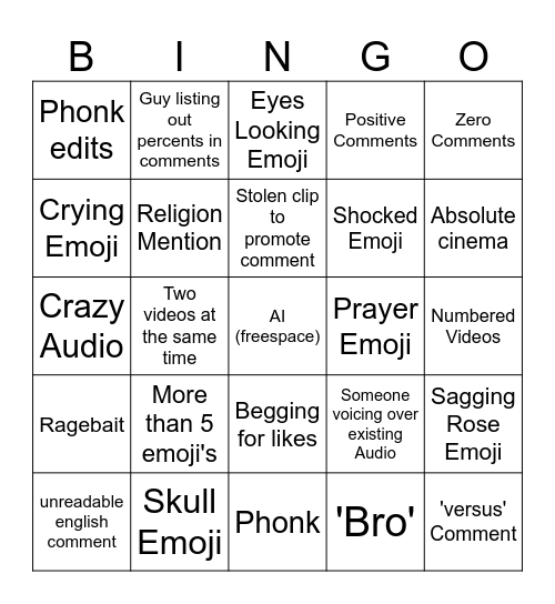 Youtube Shorts Bingo Card