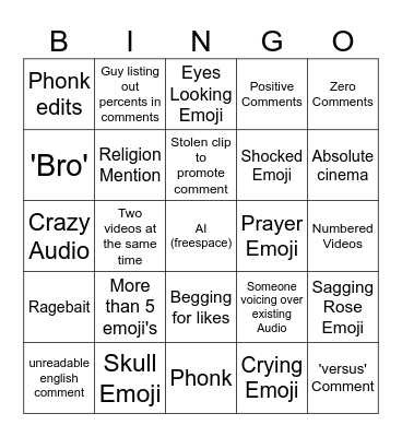 Youtube Shorts Bingo Card