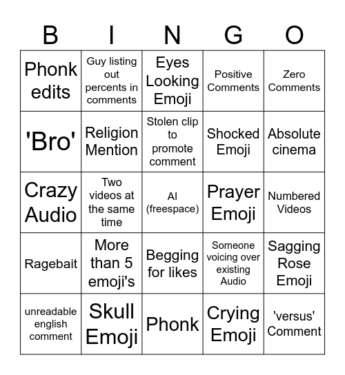 Youtube Shorts Bingo Card
