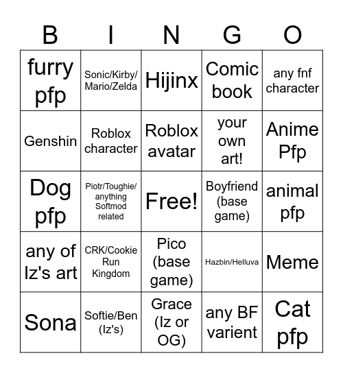 PFP bingo Card