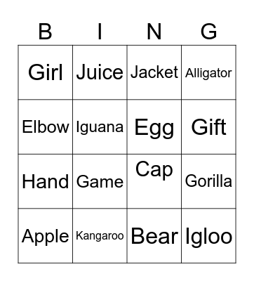 Vocabulary Bingo Card
