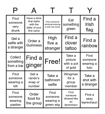 Patty’s Bar Bingo Card