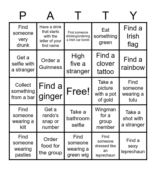 Patty’s Bar Bingo Card