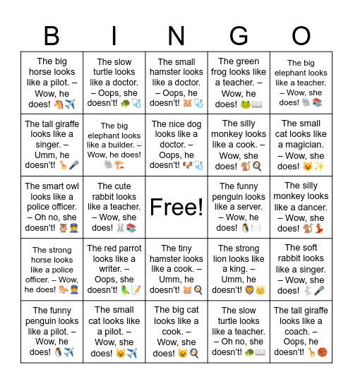 B6 L7 (easier) The green frog looks like a teacher. – Wow, he does! 🐸📖 Bingo Card