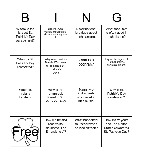 St. Patrick's Day Bingo Card