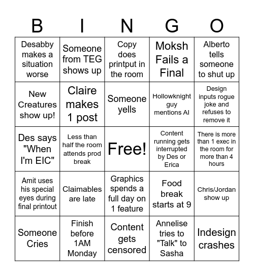 Production Bingo Card